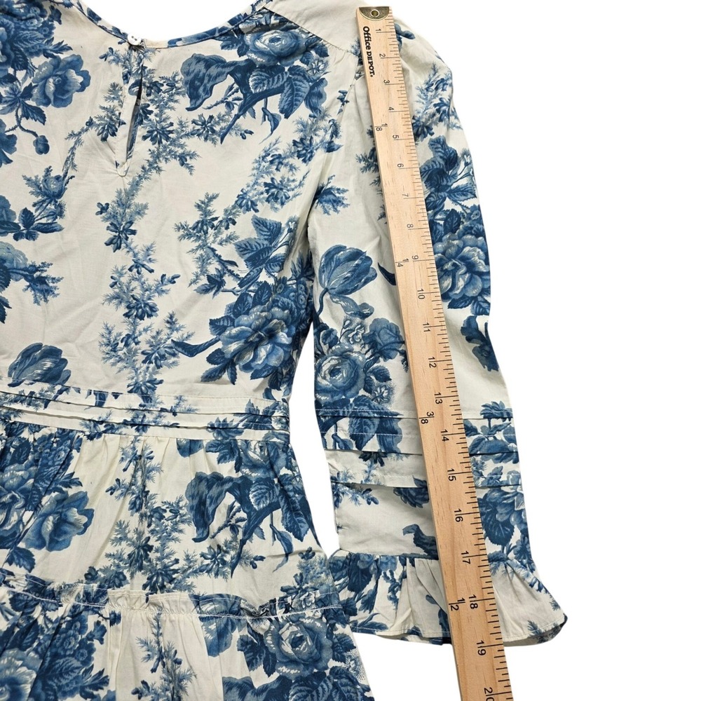 LoveShackFancy Blue Floral Toile Cotton Tiered‎ Ruffle Mini Dress Womens Size 0 - Picture 6 of 7